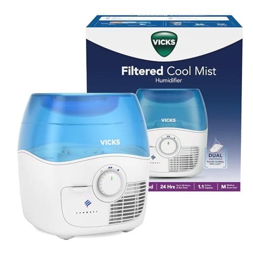 Vicks Filtered Cool Mist Humidifier, Medium Room, 1.1 Gallon Tank - Humidifier for Baby and Kids Rooms, Bedrooms and More, Works with Vicks VapoPads