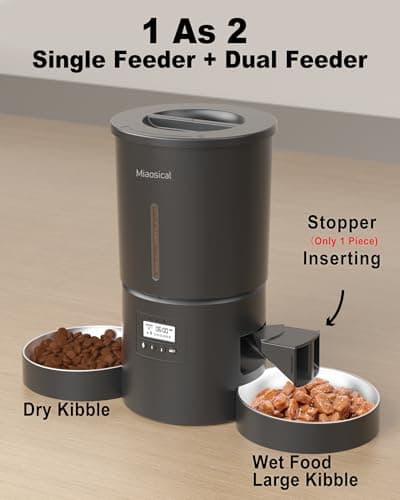 Dual Automatic Cat Feeder 2 Cats,6 Meals/Day,12 Portions/Meal,4.2L Dual Power Double Bowls Feeder,Dry Food Auto Pet Dispenser,10S Voice Record,Flexible Schedule Timer (Black,Stainless Dual Bowls) 6