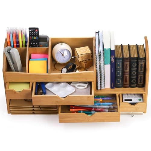 Lawei Bamboo Desk Organizer with Adjustable File Holder, Mini Desk Drawer Tabletop Organization Box with 4 Drawers for Makeup, Letter, Pens, Home Office Supplies, Vanity, 3 Layer, Fully Assembled 6