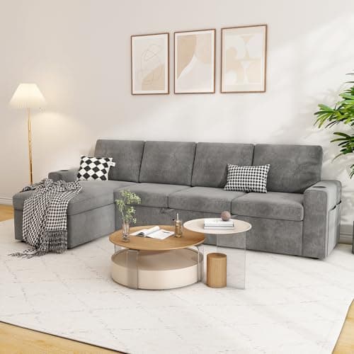 wanan 103" Sleeper Sofa, L-Shaped Sectional Sofa Bed with Storage Chaise, 4-Seater Reversible 2 in 1 Pull Out Couch with Cup Holders for Living Room, Grey 8