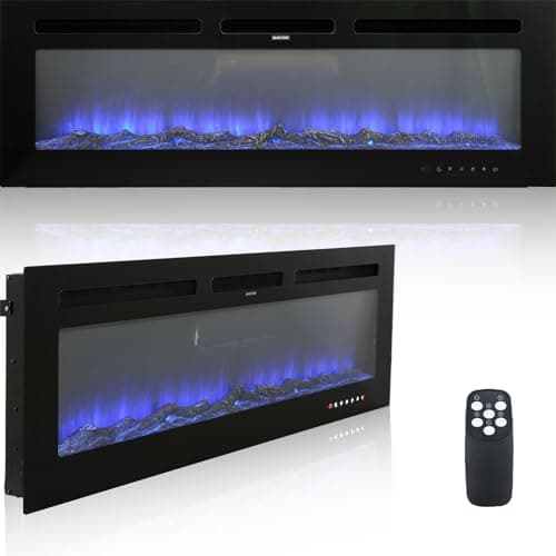 50 Inch Electric Fireplace Wall Mounted and Recessed LED Fireplace with Remote Control 8h Timer, 12 Flames,Touch Screen, in-Wall Fireplace Heater with Log & Crystal Hearth for Living Room