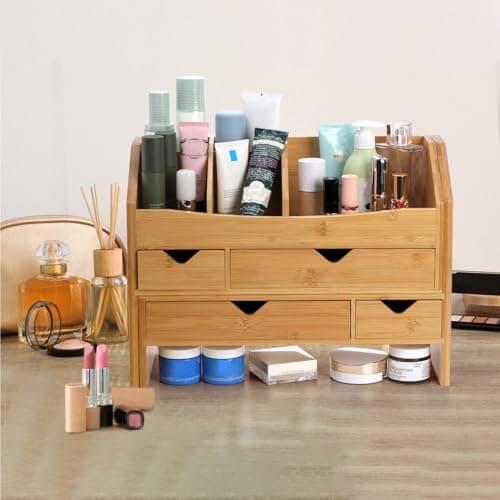 Lawei Bamboo Desk Organizer with Adjustable File Holder, Mini Desk Drawer Tabletop Organization Box with 4 Drawers for Makeup, Letter, Pens, Home Office Supplies, Vanity, 3 Layer, Fully Assembled 7