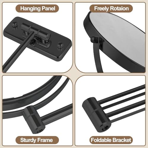 8” Wall Mounted Makeup Mirror with10X Magnification, Double Sided Shaving Mirror Wall Mount for Bathroom, 360° Swivel Extendable Vanity Mirror with Adjustable Arm for Daily Use, Matte Black（No Light） 6