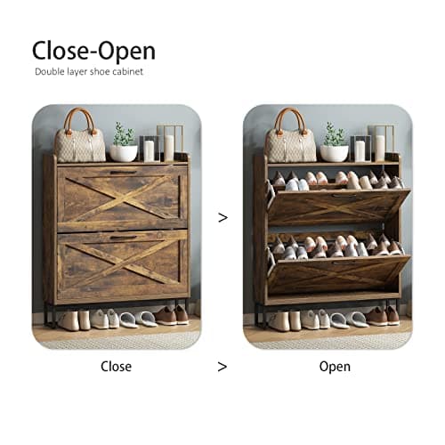 Maupvit Shoe Storage Cabinet with 2 Flip Drawers, Freestanding Shoe Organizer with Metal Legs for Entryway, Narrow Shoe Rack Cabinet, Rustic Brown 5