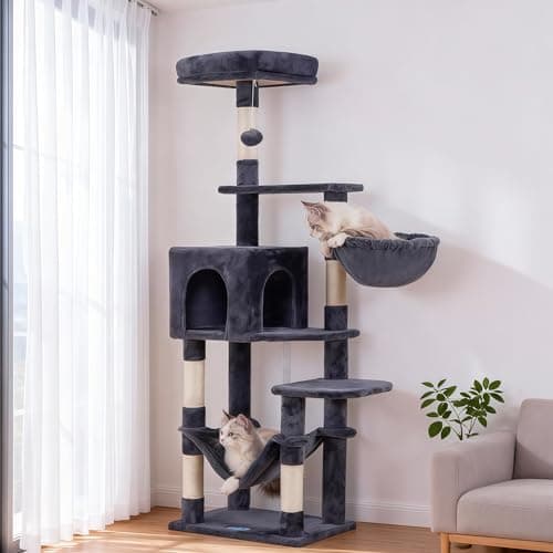 Hey-brother Cat Tree with Large Hammock, Multi-Level Cat Tower for Indoor Cats, Cat Condo with Sisal-Covered Scratching Posts and Top Perch, Smoky Gray MPJ050G