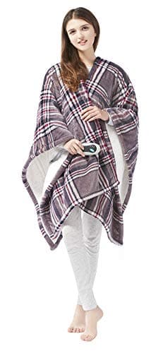 Beautyrest Wearable Electric Poncho Wrap Blanket, Ultra Soft Sherpa & Berber Fleece Heated Throw, UL Certified & Oeko-TEX, 3 Heat Settings & 2 Hour Auto Shutoff, Gift-Ready, 50" x 64", Grey Plaid