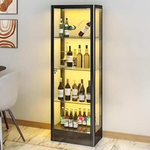 BEESTMUEBLE 4-Tier Tempered Glass Display Shelf, Showcase with Lock, Glass Cabinets Collection Display Case, Display Case Cabinet for Living Room, Bedroom, Curio Cabinets,20" W*15.75" D*63" H, Black