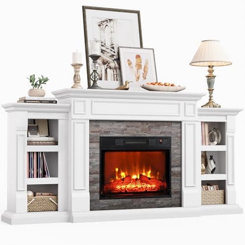 LGHM 72" Electric Fireplace with Mantel, Fireplace TV Stand for TVs Up to 80 Inch, Modern Entertainment Center with Storage, Fireplace Heater Insert with Realistic 3D Flame for Living Room, Bedroom