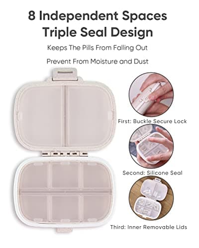 Holii Travel Pill Organizer, 8 Compartments Portable Pill Case, Daily Pill Box to Hold Vitamins, Small Pill Container for Pocket Purse Medicine Organizer（Khaki） 5
