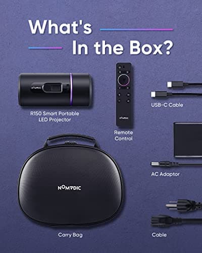 NOMVDIC R150 Mini Projector, Portable Battery Operated Projector with 4hrs of Playtime , Ceiling Projector with 90˚ Rotating Lens, 6W Harman Kardon Speaker, Auto Keystone 8