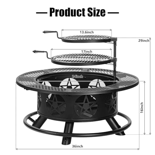 OutVue 36 Inch Fire Pit with 2 Grills, Wood Burning Fire Pits for Outside with Lid & Poker, BBQ& Outdoor Firepit & Round Metal Table 3 in 1 for Patio, Picnic, Party 7