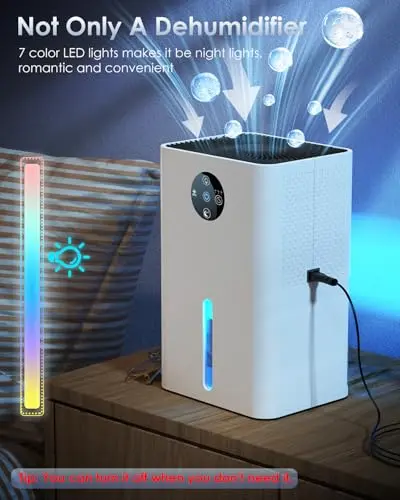 Dehumidifier, 63OZ Quiet Dehumidifiers for Home with Auto Shut Off, Auto Defrost, Timer, Sleep Mode, 7 Color Light Portable Small Dehumidifier for Bedroom,Bathroom,Basement, Closet, RV(1800ML) 6