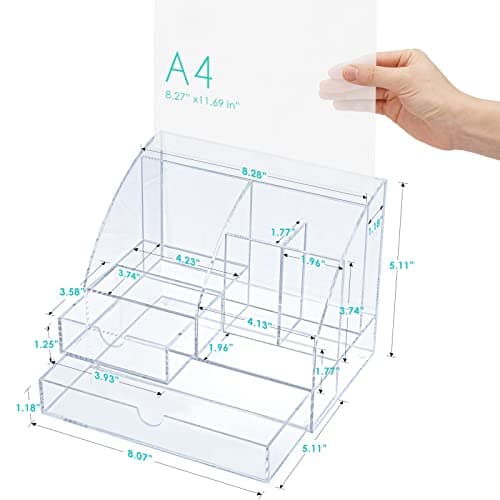 ARCOBIS Acrylic Desk Organizer with 2 Drawers, Clear Office Desktop Accessories Stationery Pen Organizer for Desk, Features 5 Compartments + 2 Sliding Drawer 6