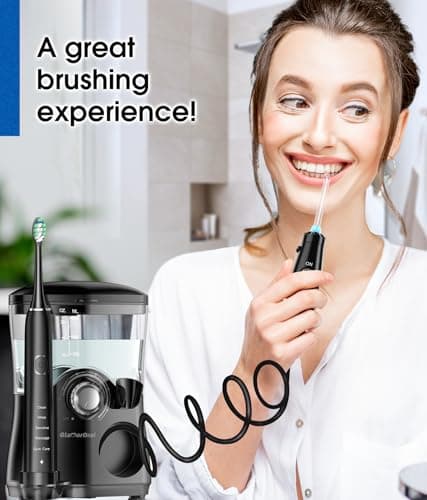 Electric Toothbrush and Water Flosser,600ML Oral Irrigator Water Flosser with 7 Jet Tips,10 Adjustable Pressure Settings,Sonic Electric Toothbrush with 2 Brush Heads,5 Modes(Black) 9