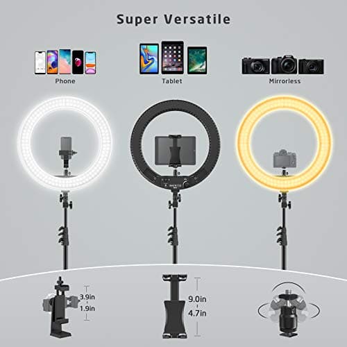 18 inch Ring Light with Stand,60W Bi-Color 3000-5800K Professional Ring Lights with Tripod for Makeup Vlog, Tattoo Large Ring Light for Phone Camera Tablet 6