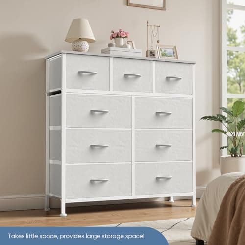 DUMOS Dresser for Bedroom, Storage Organizer with 9 Drawers, Chest of Drawers with Fabric Bins, Sturdy Metal Frame, Wood Tabletop for Guest Room, Closet, Entryway, White 7