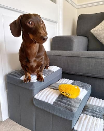 Dog Stairs with Storage, 3-Step Chessboard Plaid Handcrafted Dog Steps for Small Medium Dogs Cats, Folding Sturdy Pet Stairs Climbing Bed or Sofa, Grey 6