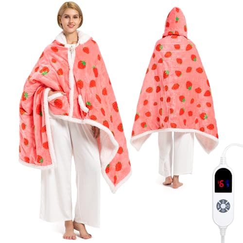 Wearable Heated Blanket Hoodie for Women, Valentines Day Gifts for Her Wife Women, Electric Throw Blanket, Heated Shawl Wraps Poncho, Mothers Day Birthday Anniversary Day Gift, Strawberry Red