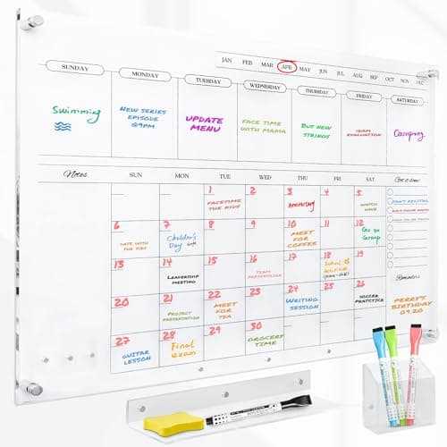 Acrylic Calendar for Wall - 24x18” Wall Calendar, Dry Erase Calender, Clear Calendar for Wall, Includes Magnetic Pen, Tray Holders, 4 Markers and 1 Eraser 9