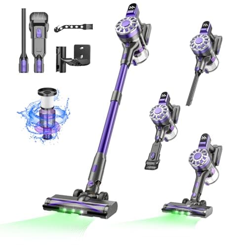 Omeser Cordless Vacuum Cleaner,35kPa Strong Suction,2200mAh Removable Battery,6 in 1 Lightweight Handheld Stick Vacuum, Anti-Tangle, for Carpets,Hard Floors,Pet Hair,Purple