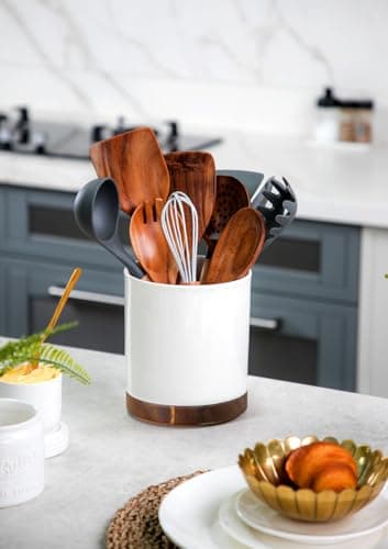 Nucookery 360° Rotating Utensil Holder, 7.2" Large Utensil Crock, White Ceramic Cooking Utensil Organizer with Countertop-Protection Cork Bottom for Farmhouse Kitchen Decor Christmas Gift (White) 7