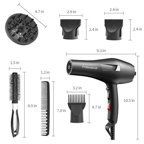 Faszin Ionic Salon Hair Dryer, Professional Blow Dryer AC Motor Fast Drying with 2 Speed, 3 Heat Setting, Cool Button, with Diffuser, Nozzle, Concentrator Comb for Curly & Straight Hair-Black 7