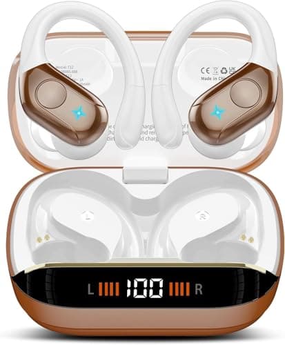 Wireless Earbuds Bluetooth 5.4 Headphones 75H Stereo Deep Bass Sports Ear Buds with Earhooks, LED Display Bluetooth Earbuds with 4 ENC Mic, IP7 Waterproof Earphone for Workout/Running, Light Brown