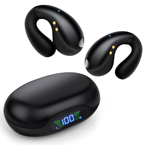 Nsiucion Open Ear Clip-On Earbuds, Wireless Bluetooth Headphones, Comfortable Wear Nice Secure Fit Earphones, Long Playtime, Digital Display Charging Case, Born for Sports (Black)