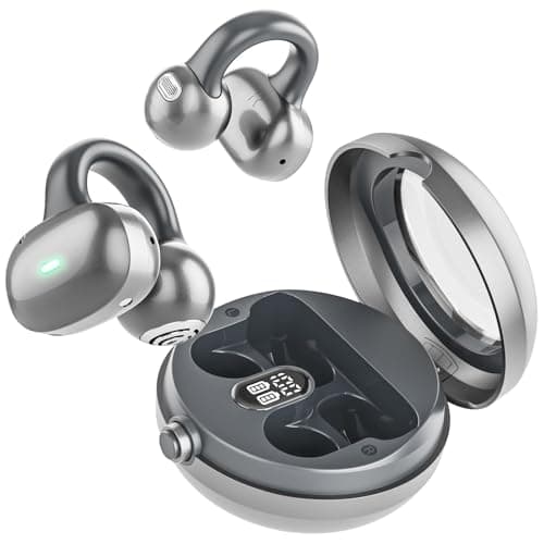 Byobyc Bluetooth 5.4 Clip On Headphones, 40H Playtime Wireless Stereo Earbuds with LED Digital Display, Lightweight Stylish Open Ear Buds for Daily Use, Commuting and Travel - Gray