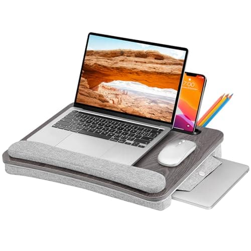 Laptop Lap Desk with Cushion - Fits up to 15.6-inch Laptop, Partitioned Storage Bag and Portable Lap Stand with Wrist Rest & Tablet Phone Slot - Wood Wide Tray for Bed Home Office Students
