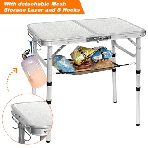 Folding Table Small Lightweight Portable Aluminum Camping Table Mini Foldable Table with Adjustable Height Legs for Picnic Cooking Beach, 2ft and 3 Heights 5