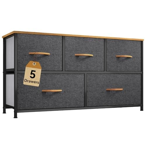 DWVO Dresser TV Stand, Fabric Tower with 5 Drawers, Dresser for Bedroom, Storage Tower, Chest of Drawers for Closet