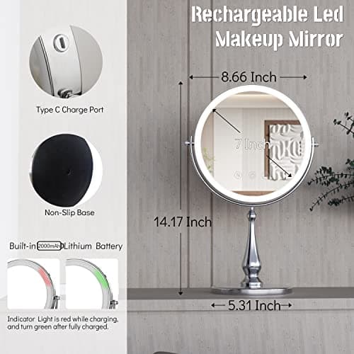 WIZCHARK 9" Large Lighted Makeup Mirror, 1X/10X Magnifying Vanity Mirror with 3 Colors Dimmable Lightning, 80 LED Lights, 360°Rotation Double Sided Standing Desk Mirror 5