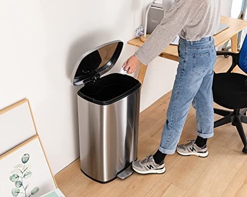 13 Gallon/50 L Garbage Can Kitchen Trash Can with Lid for Office Bedroom Bathroom Step Trash Bin Fingerprint-Proof Brushed Stainless Steel 13 Gallon / 50 Liter 6