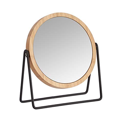 Amazon Basics Vanity Round Tabletop Mirror with Bamboo Rim, Double Sided Magnifying, 360° Rotation, Black, 7.2"L x 2.87"W
