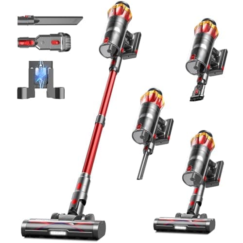 Cordless Vacuum Cleaner, 650W 55KPa 70Mins Vacuum Cleaners for Home, Self-Standing Stick Vacuum with Anti-Tangle Brush & OLED Touch Screen, Vacuum Cleaner for Hardwood Floors,Carpet,Pet Hair,Car (Red) 9
