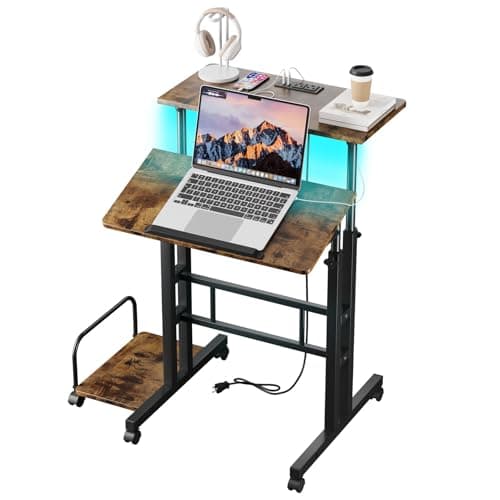 Dripex Mobile Standing Desk with Power Outlets & Strip Lights, Rolling Small Desk, Adjustable Height Laptop Table with Wheels, Portable Sit-StandWorkstation for Home Office