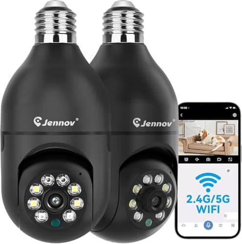 Jennov 2K Light Bulb Security Camera, Auto-Tracking Security Cameras Wireless Outdoor, 360° PTZ, Dual-Band WiFi (2.4G/5G), AI Human Detection, Indoor/Outdoor, E27 Socket-Powered, Compatible Alexa