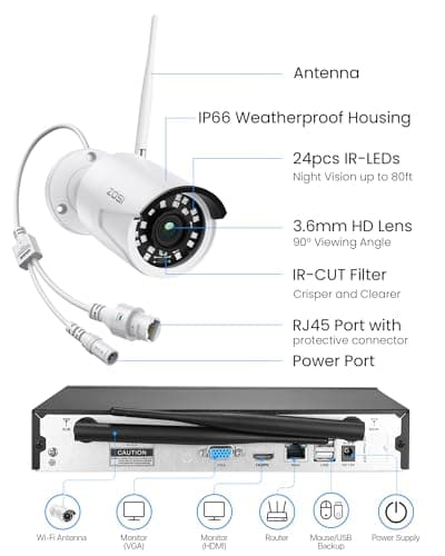 ZOSI 8CH 2K WiFi Security Cameras System Outdoor with 1TB HDD, 8Pcs Weatherproof Plug-in Cameras, Night Vision, Smart Motion Detection, 2K H.265+ 8 Channel Home Surveillance NVR for 24/7 Recording 8