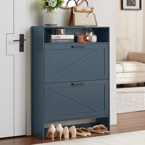 RWYHG Shoe Storage Cabinet with 2 Flip Drawers,Farmhouse Narrow Shoe Organizer with Legs,Freestanding Hidden Slim Shoe Rack Cabinet with Open Storage for Entryway,Hallway, Foyer, Blue 8