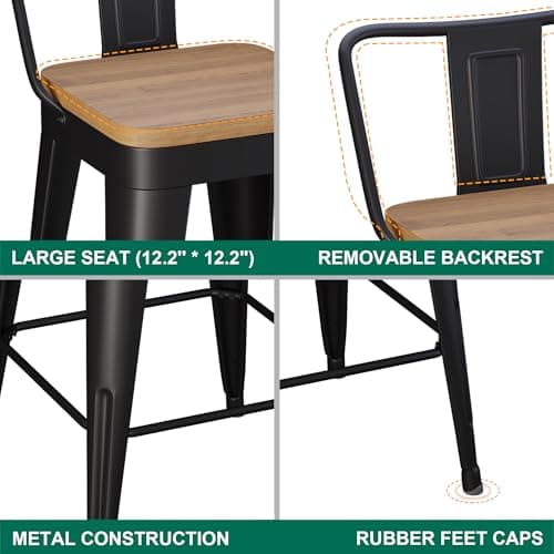 WENTMENT Metal Bar Stools Set of 4 Counter Height Barstools with Removable Back 26" Kitchen Bar Stools with Wooden Seat, Black 7