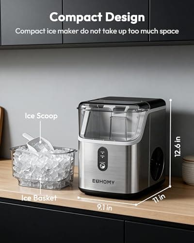 EUHOMY Nugget Ice Maker Countertop, Ready in 7 Mins, 34Lbs/24H Pebble Ice Maker Machine, Self-Cleaning Countertop Sonic Ice Makers with Ice Scoop&Basket, Pellet Ice Maker for Home, Stainless Steel 6