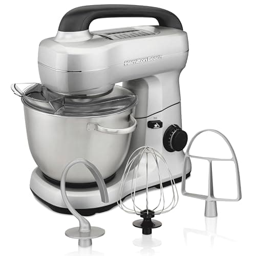 Hamilton Beach Electric Stand Mixer, 4 Quarts, Dough Hook, Flat Beater Attachments, Splash Guard, 7 Speeds with Whisk, Easy-Carry Top Handle, Silver