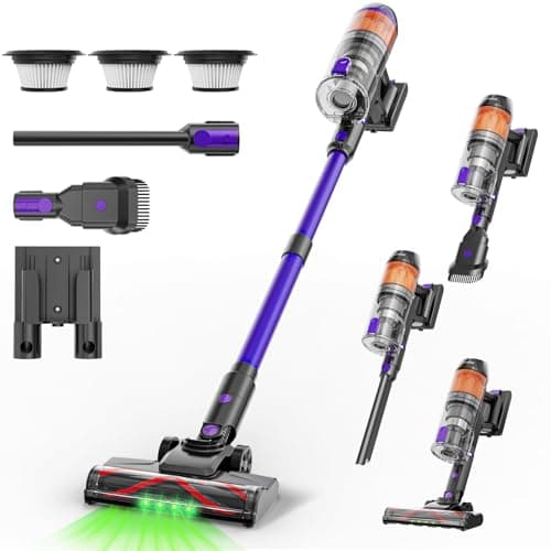 Cordless Vacuum Cleaner,500W 40KPa 60Mins Vacuum Cleaners for Home,Powerful Stick Vacuum With Green Light,Anti-tangle Wireless Vacumm, Rechargeable Vacuum for Pet Hair/Carpet/Hardwood Floor,Purple
