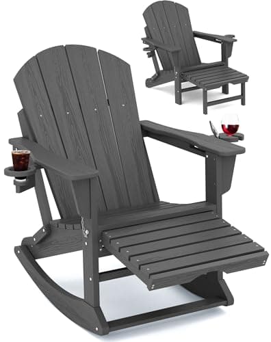 KINGYES Adirondack Rocking Chair with Retractable Ottoman and Cup Holders, HDPE Adirondack Rocker Patio Rocking Chair for Porch, Patio, Balcony, Leaden Grey