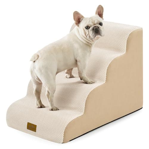 COZY KISS Dog Stairs for Small Dogs 19.7" H, Curved Dog Step for Puppy, Older or Cat, Medium Pet Ramp for Sofa, Couch or Bed, Ladder with High Density Foam, 4 Step, 15.7x28.3x19.7 inch, Beige