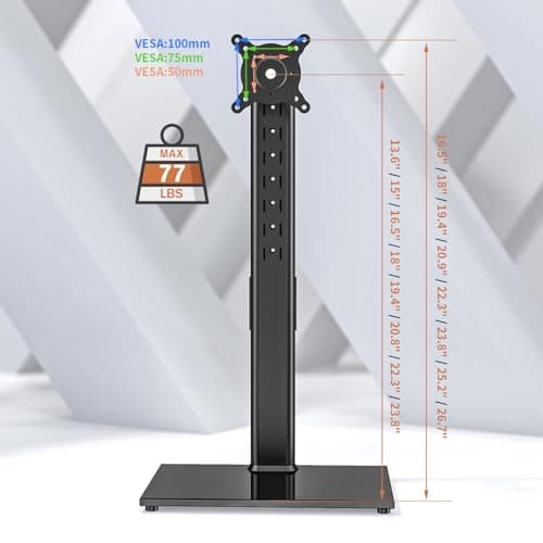 Single Monitor Stand Freestanding 27-43 Inch Monitor Arm Curved Screen Monitor Mount Tempered Glass Base Adjustable Motion Tilt -15° to 10° Swivel ±45° Rotation 360° Weight Capacity 77lbs HT05B-003 6