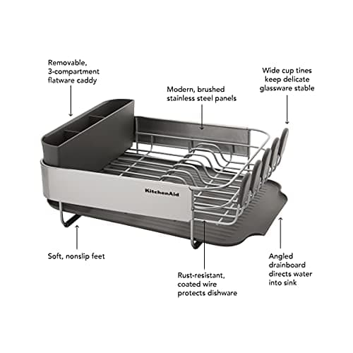 KitchenAid Compact, Space Saving Rust Resistant Dish Rack, with Angled Self Draining Drain Board and Removable Flatware Caddy, 16.06-Inch, Gray 6