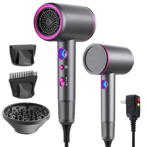 Dxliwky Professional Hair Dryer,1875 Watt High-Speed Ionic Blow Dryer with Diffuser/Concentrator/Comb Nozzle,LED Temp Display,Intelligent Temp Control,Low Noise for Home Salon Travel (Silvery)