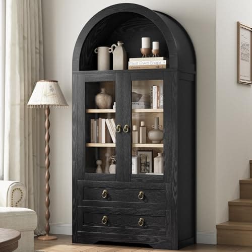 Jocoevol Kitchen Pantry Cabinet, Arched Bookshelf Bookcase China Pantry Storage Cabinet with Drawers Doors and Shelves,71“ Tall Food Pantry Funiture for Living Room,Dining Room (Black)